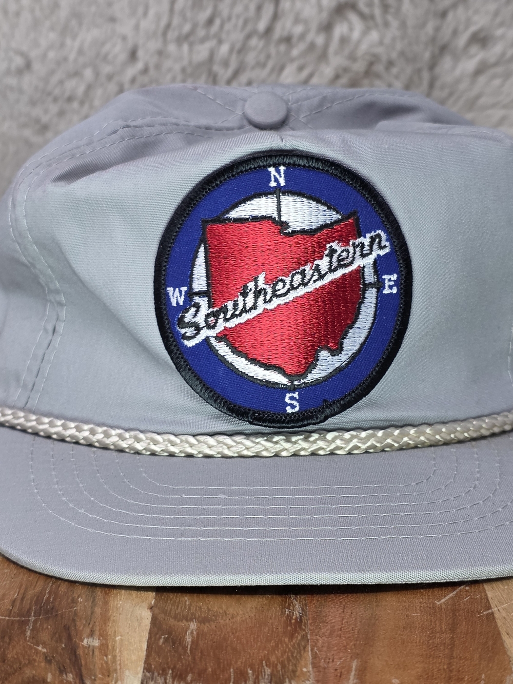 Vintage Gray Rope-Trim Hat with Red 'Southeastern' Patch